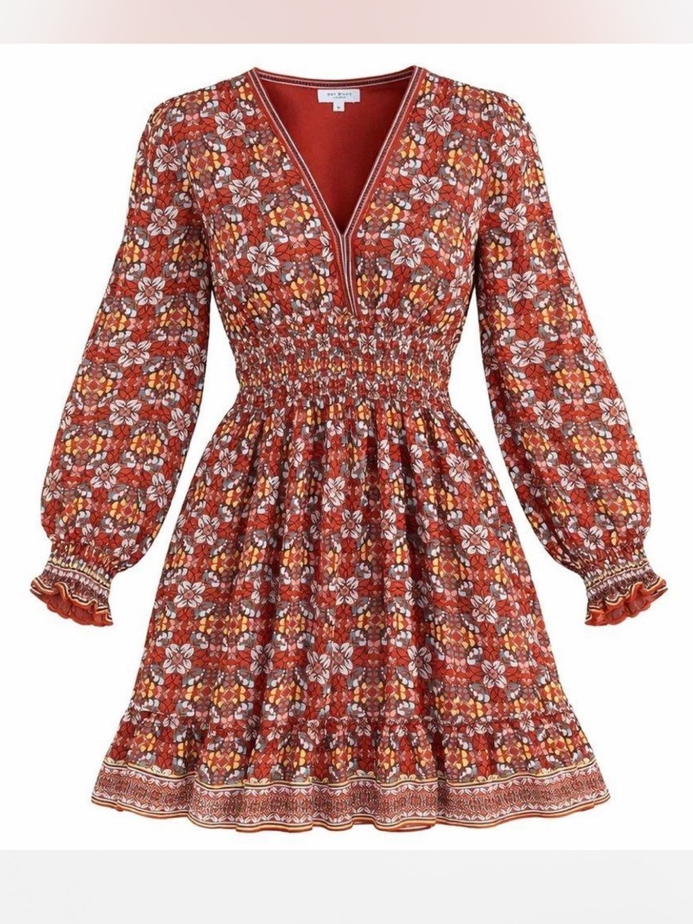 Max Studio London Floral Smocked Waist Mini Dress
Red Boho Long Sleeve Women's M